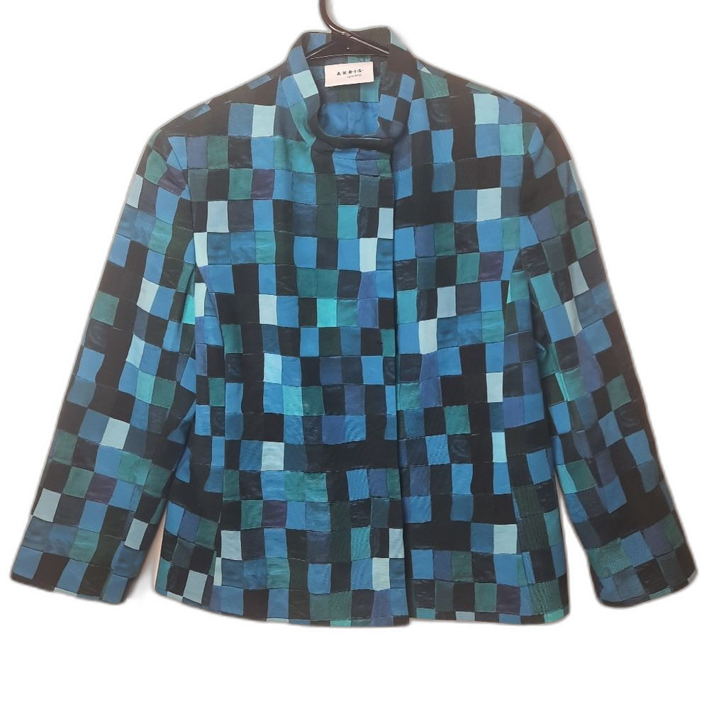 Akris Punto Plaid Jacket Lapis Juniper Cotton Business Designer Size 6